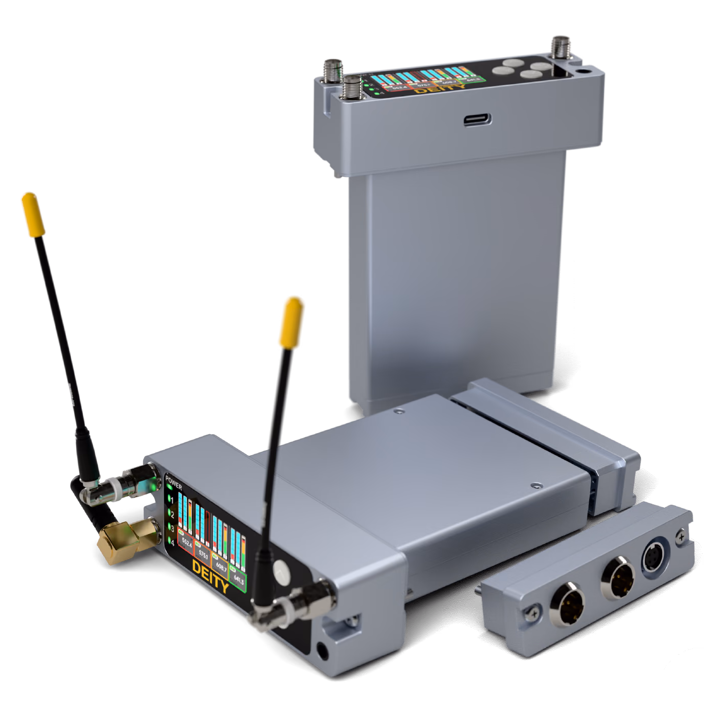 Two Deity D4RX receivers: one standing on its DB25 rear module behind the other, which lies on its side with its antennas up, the DB25 module slid out and the TA5 and Hirose module beside it