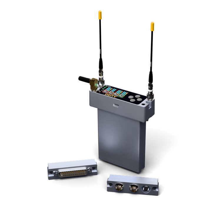 Deity D4RX receiver with its three antennas and the DB25 module fitted, the spare DB25 and Hirose/TA5 rear modules in front of it, on a dark table