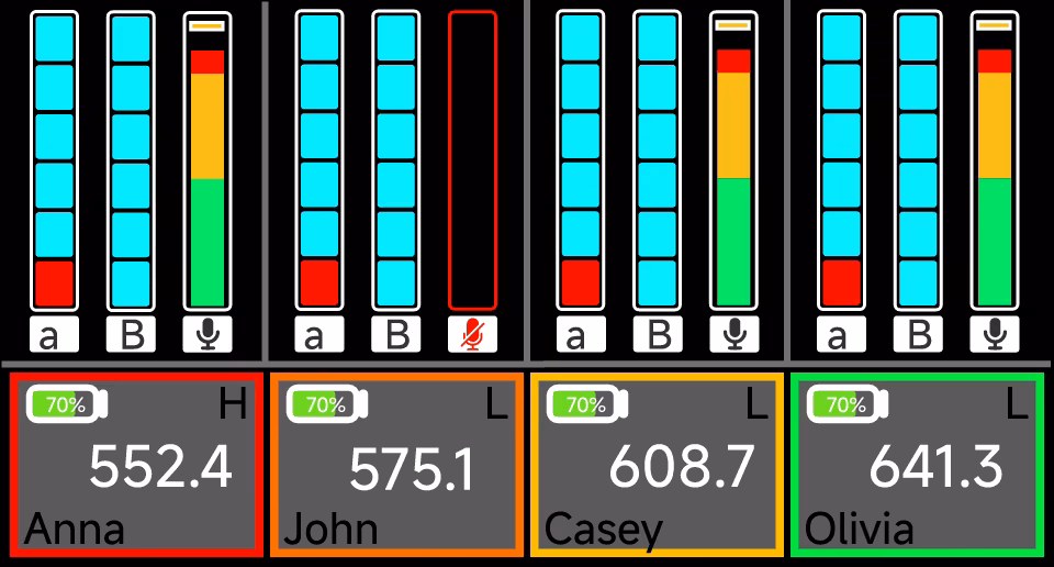 D4RX main screen: four channels with RF and audio meters