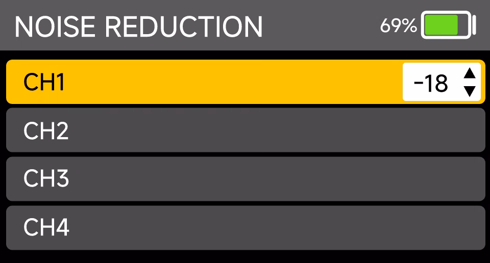 D4RX noise reduction menu: channel 1 set to -18, channels 2 to 4 listed