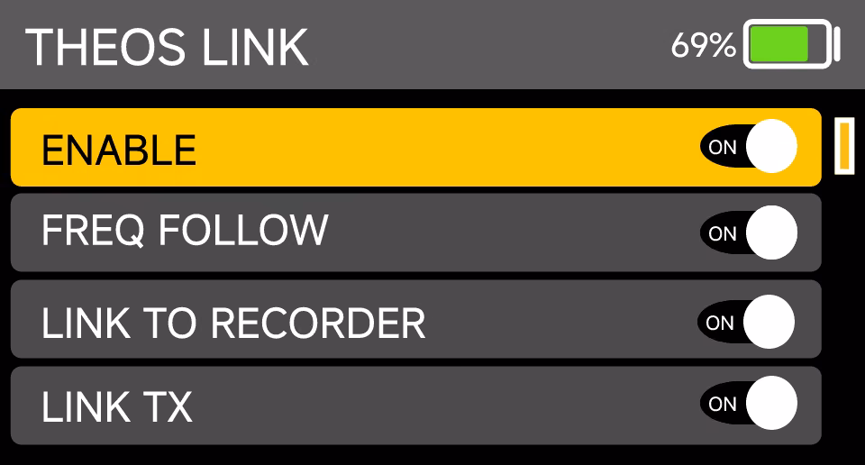 D4RX THEOS LINK menu: enable, frequency follow, link to recorder and link TX, all on