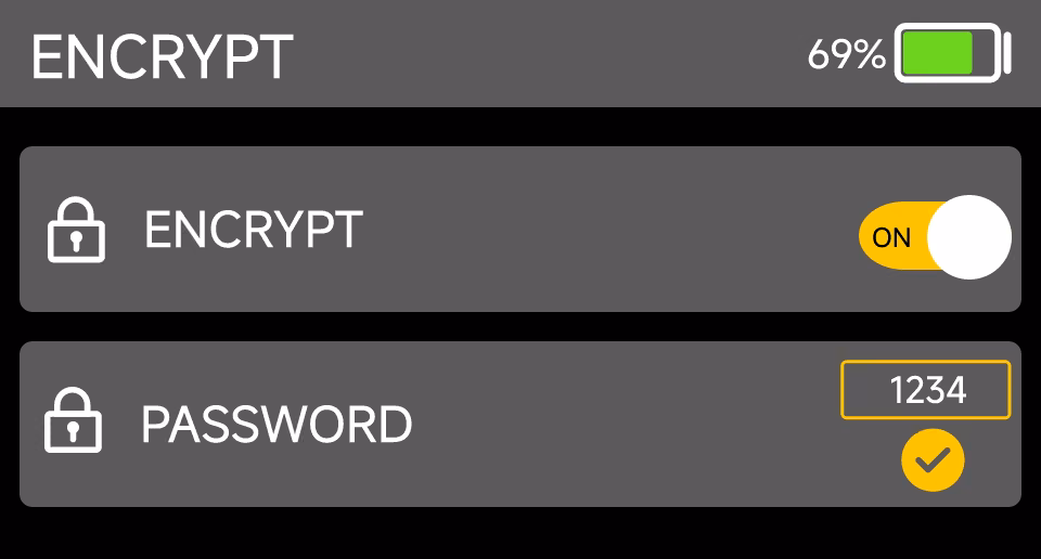 D4RX encryption menu: encryption on, password set