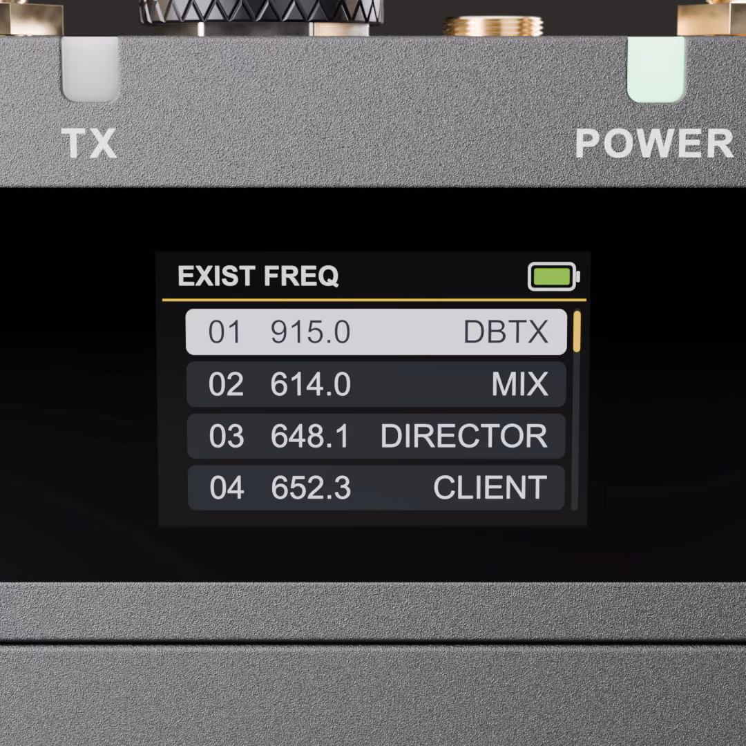 Close-up render of the DIFB screen showing the EXIST FREQ bank list: 01 915.0 DBTX, 02 614.0 MIX, 03 648.1 DIRECTOR, 04 652.3 CLIENT