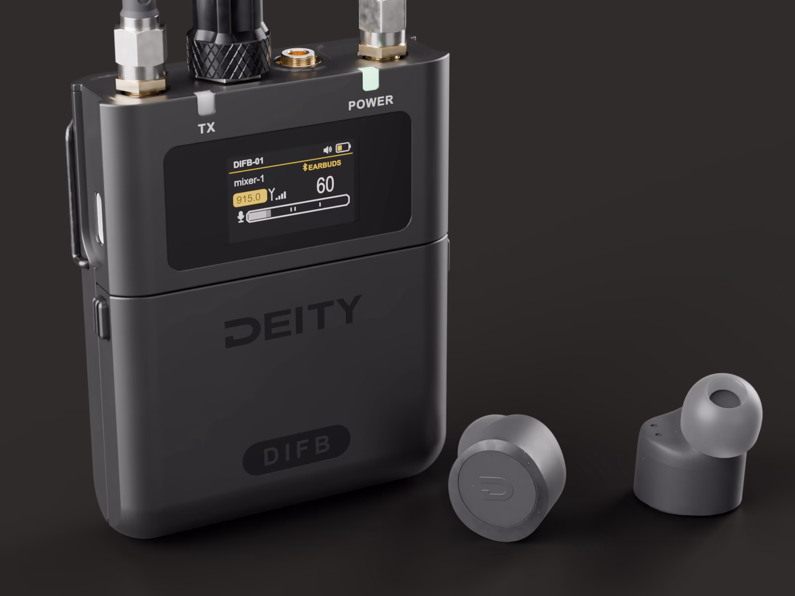 The DIFB on its Bluetooth headphone screen with a pair of matte black earbuds beside it