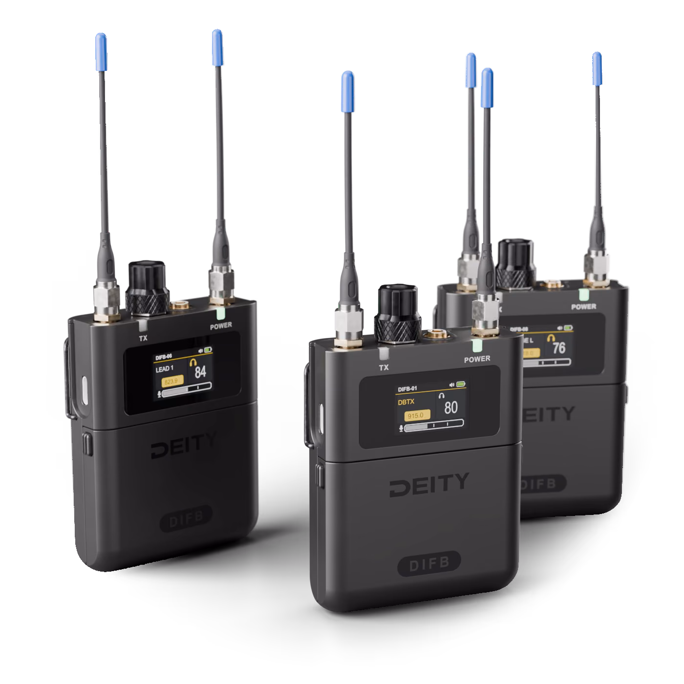 Three THEOS DIFB receivers standing together, antennas up, the screens showing the home screen: DBTX, 915.0 MHz, volume 80