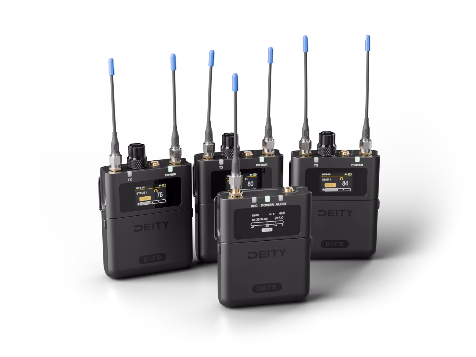 Three THEOS DIFB receivers with a THEOS DBTX transmitter in front