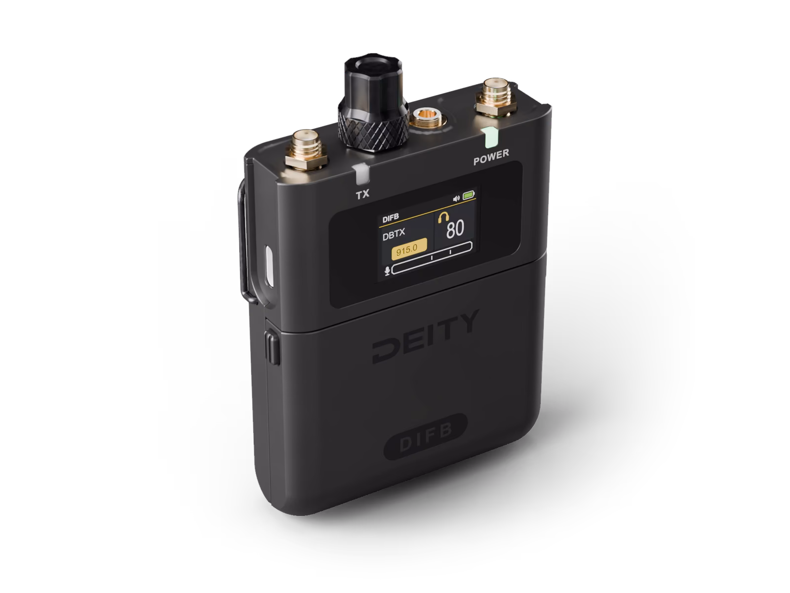 The DIFB from the front left above: two gold SMA antenna ports, the metal knob and the locking headphone jack on top