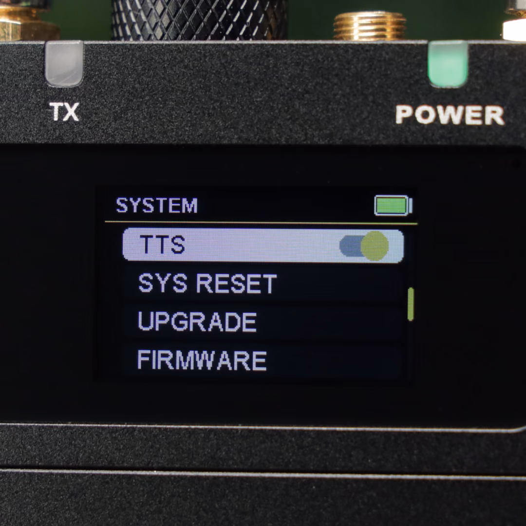 Close-up of the DIFB SYSTEM menu with TTS switched on, above SYS RESET, UPGRADE and FIRMWARE
