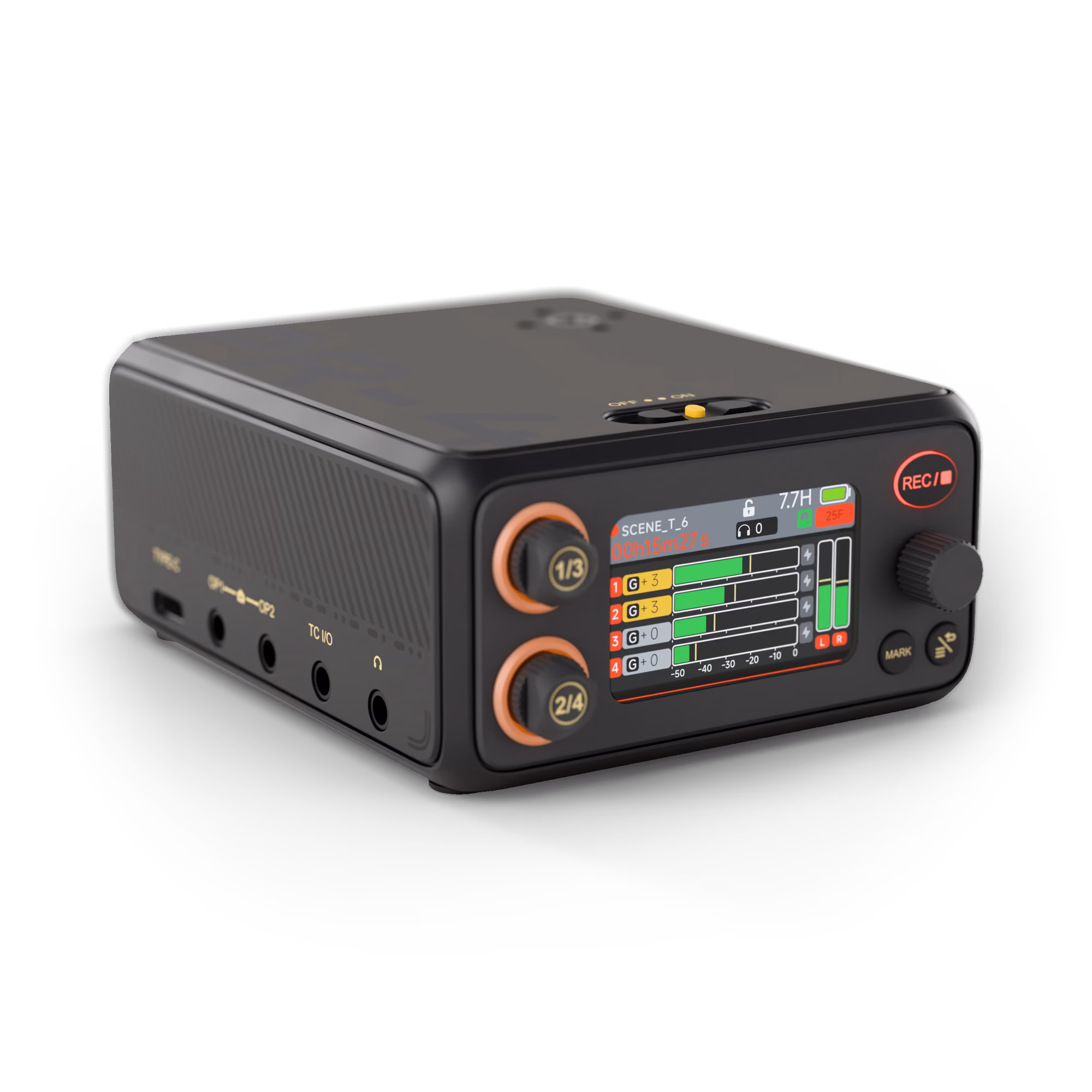 PR-4 field recorder, front three-quarter view, AMOLED screen showing six track meters