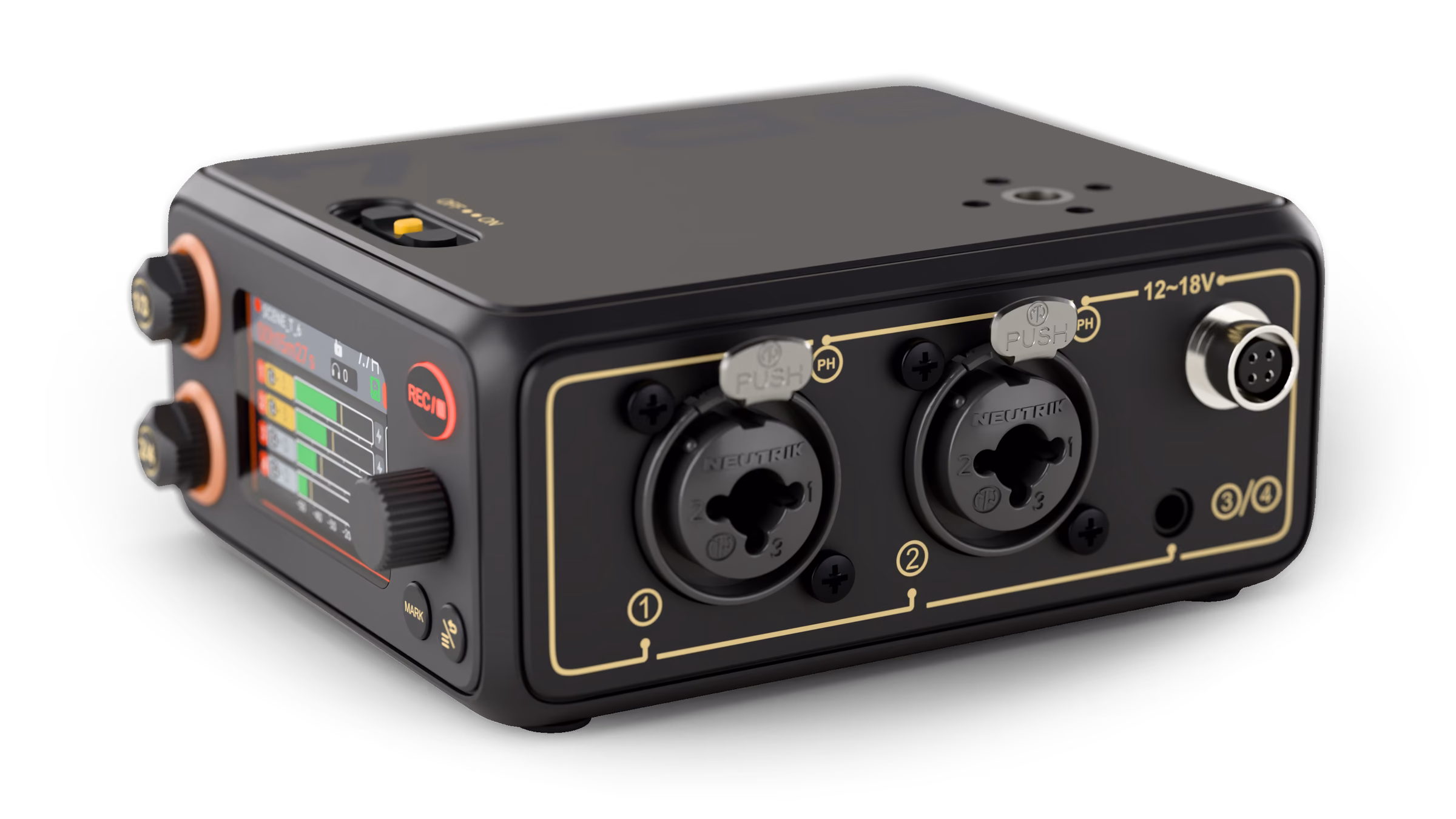 Right side of the PR-4: two XLR combo inputs, the 3.5 mm input and the 4-pin DC socket