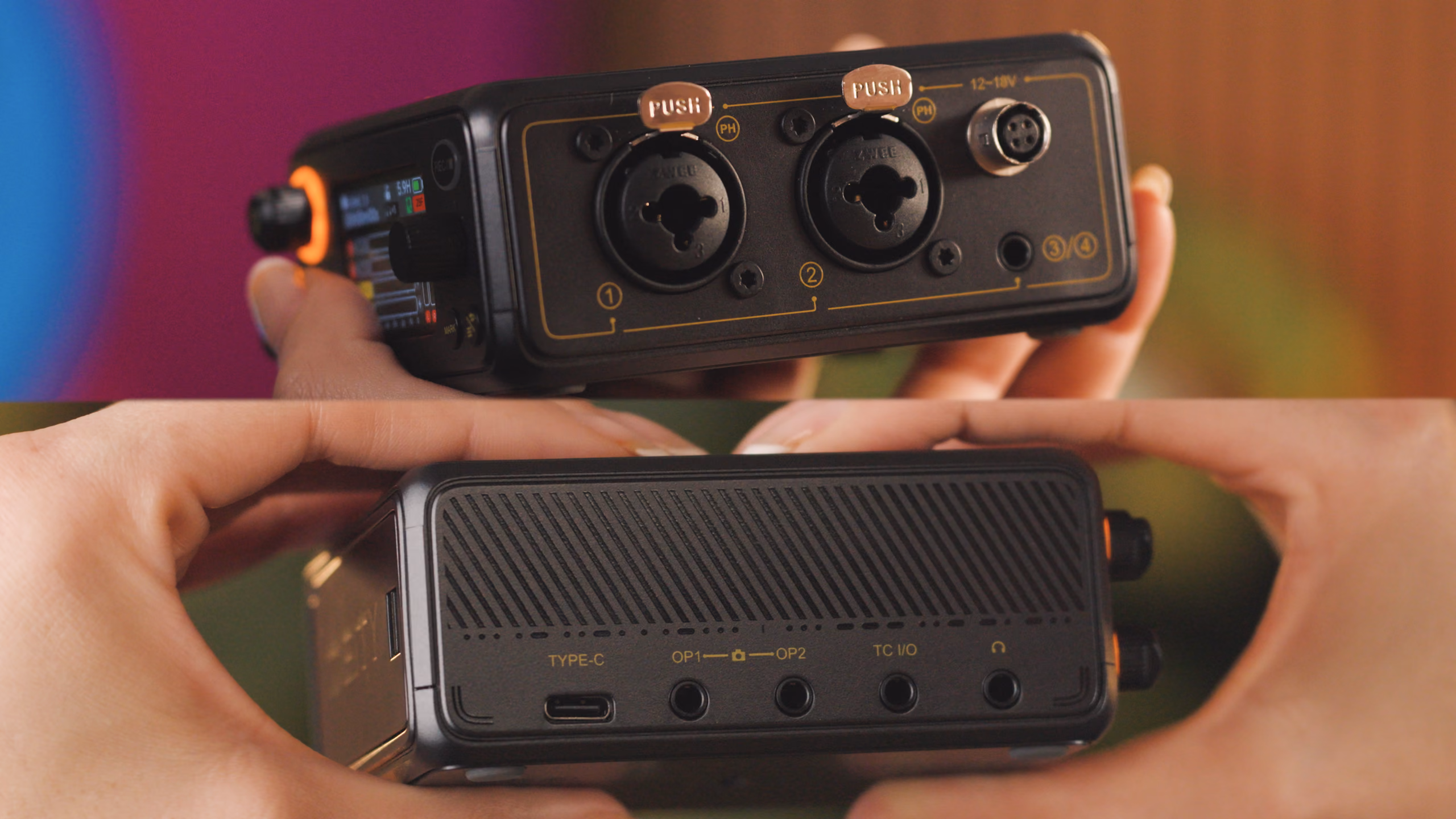 Two PR-4 units held in hand: one shows the two XLR combo inputs, the 3.5 mm input and the 4-pin DC socket, the other the USB-C port and four 3.5 mm jacks