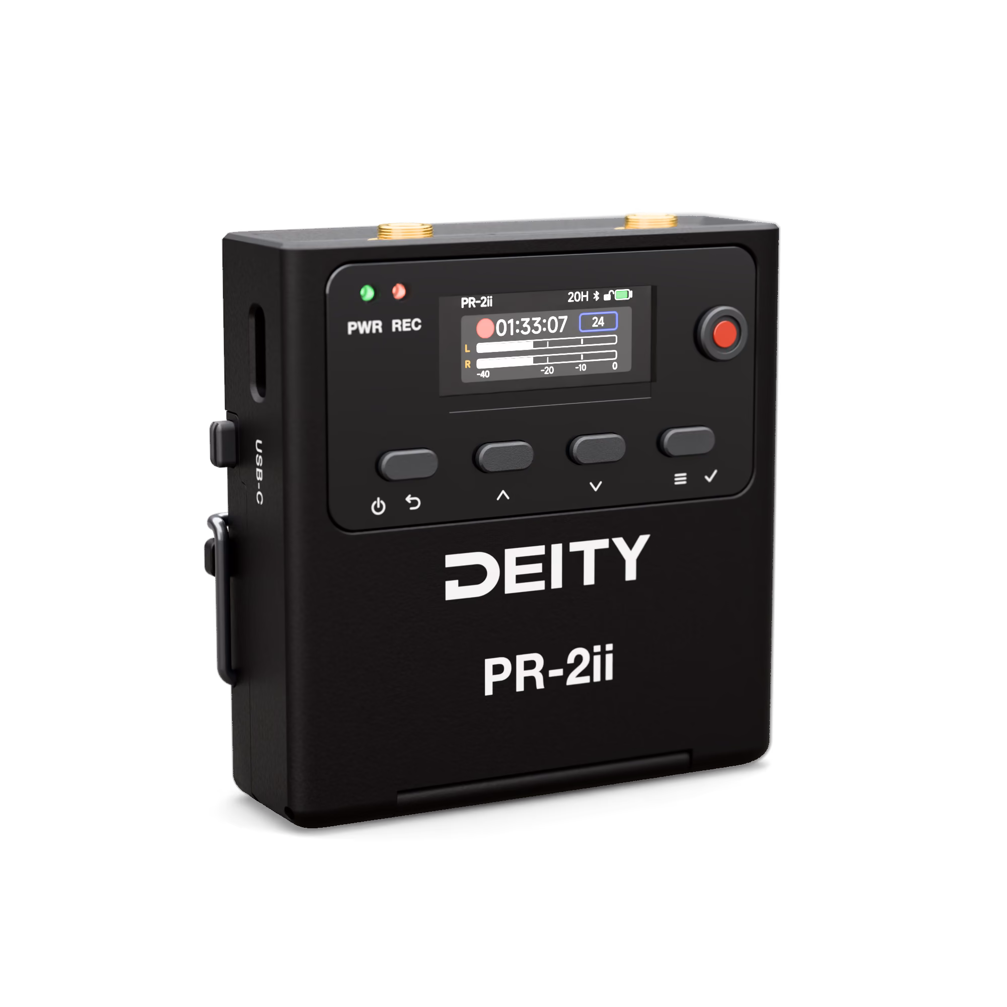 PR-2ii field recorder, front three-quarter view, recording screen showing 01:33:07 at 24 fps