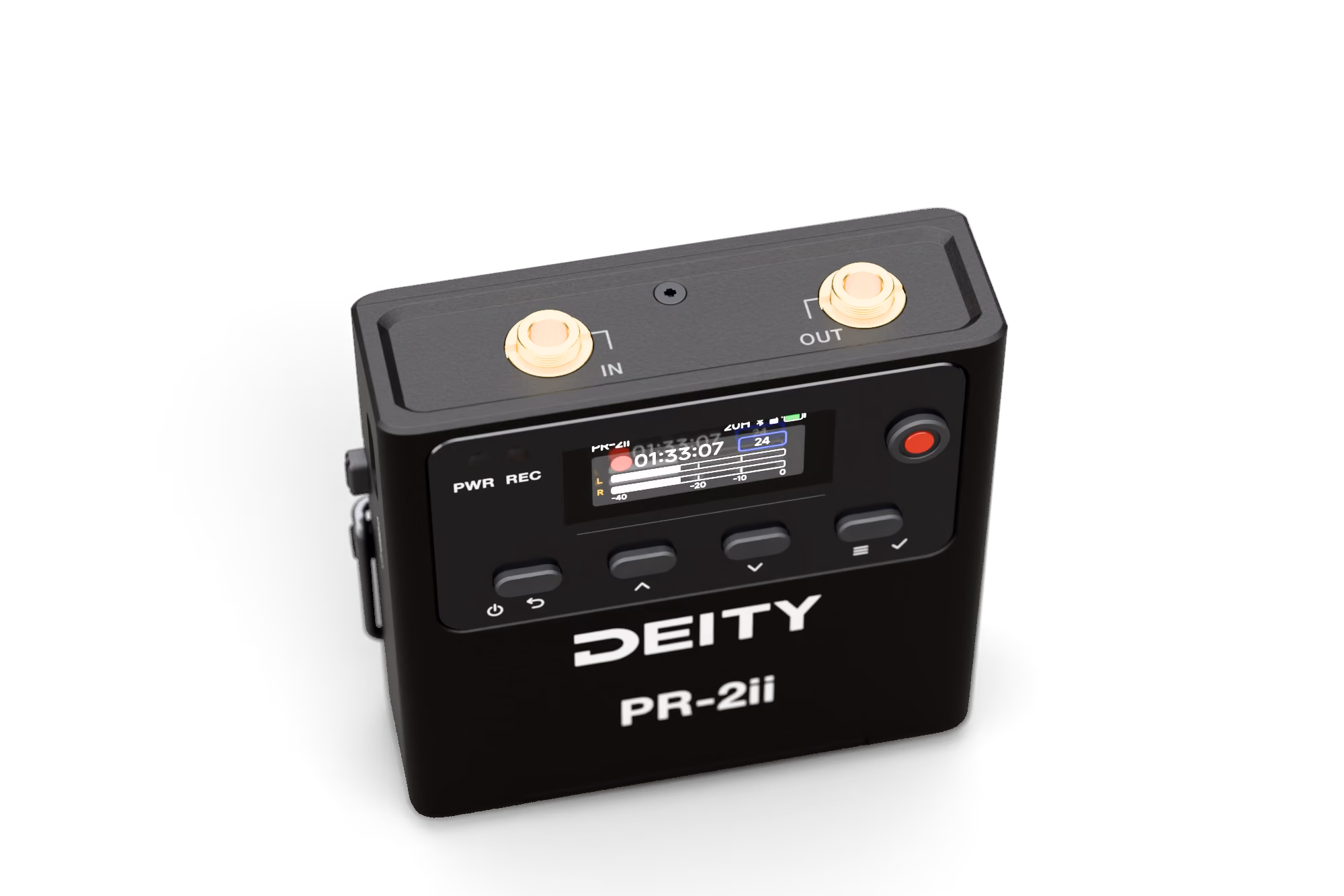 Top panel of PR-2ii with the IN and OUT 3.5 mm jacks