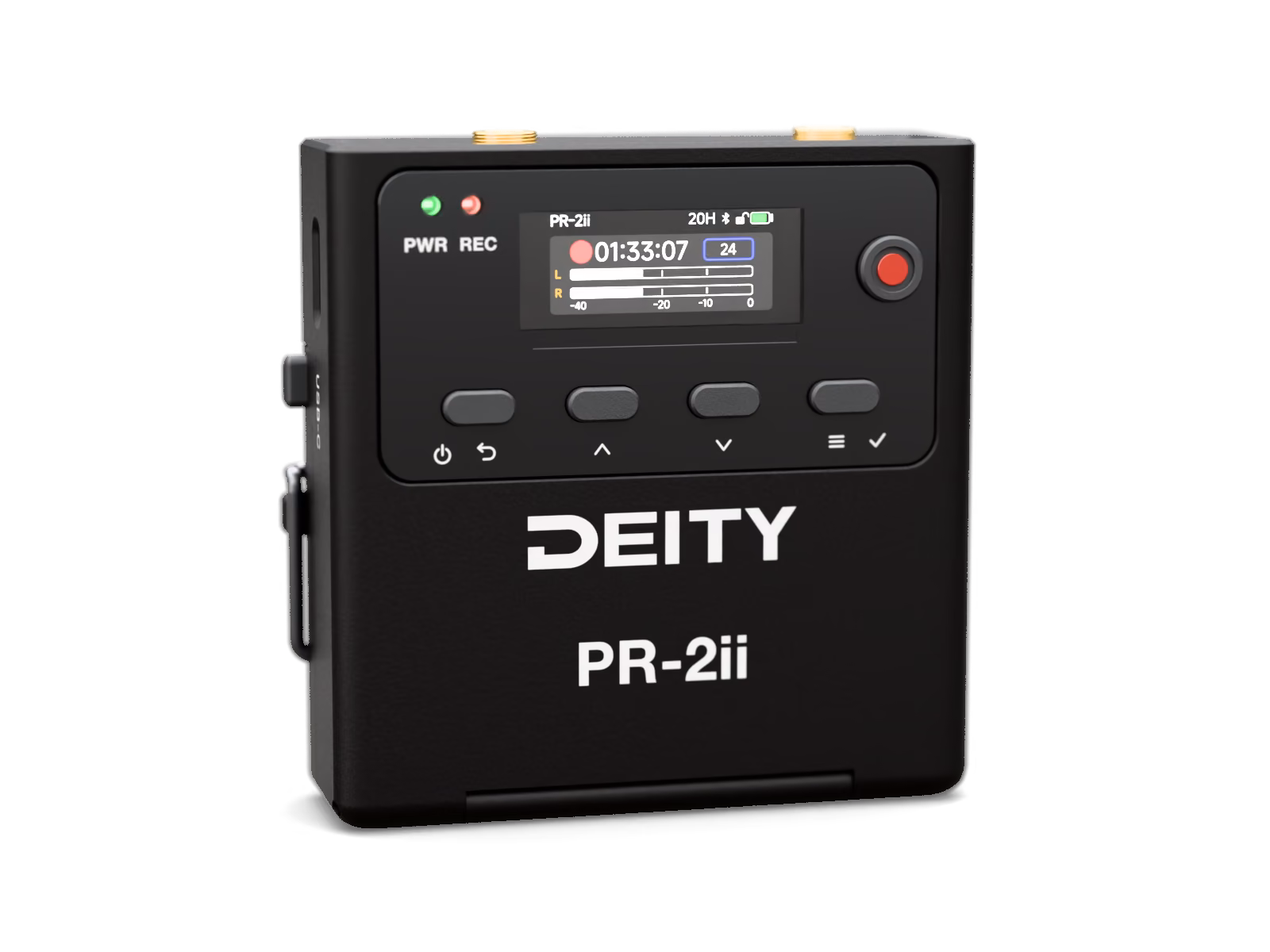 PR-2ii display while recording, timecode, frame rate and level meters