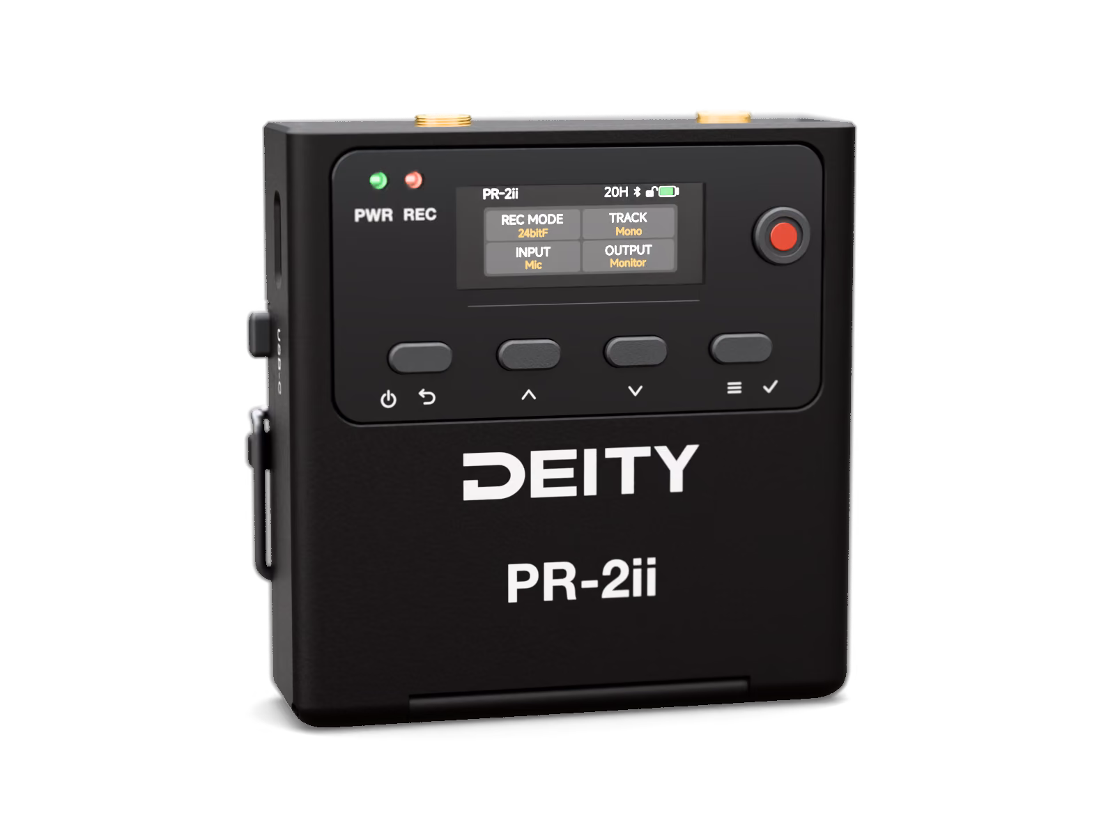 PR-2ii home screen: rec mode 24-bit float, mono track, mic input, monitor output
