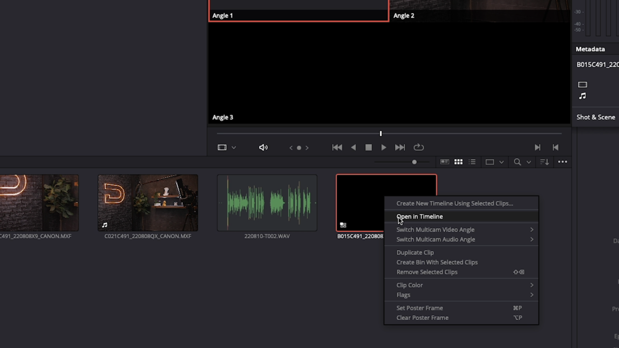 DaVinci Resolve Media tab. Open In Timeline