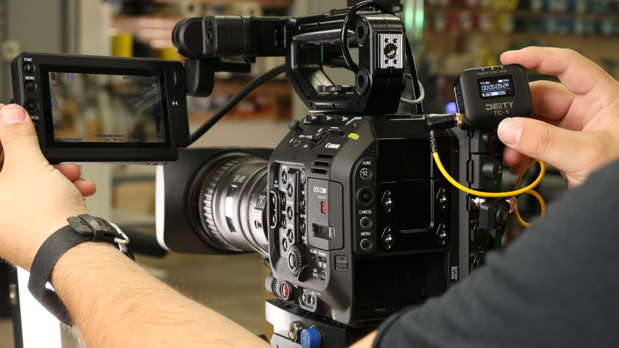 Canon C300 Mk III with Deity TC-1 timecode generator.