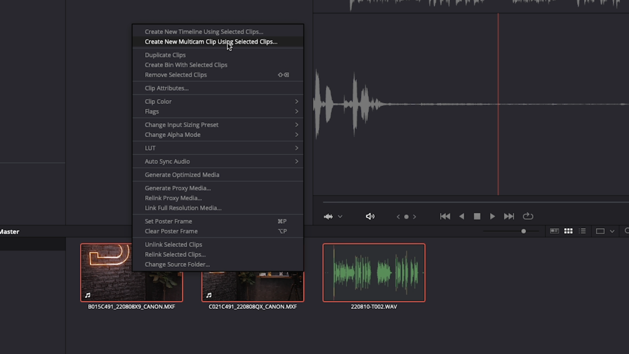 DaVinci Resolve Media tab. Create New Multi-Camera Clip Using Selected Clips