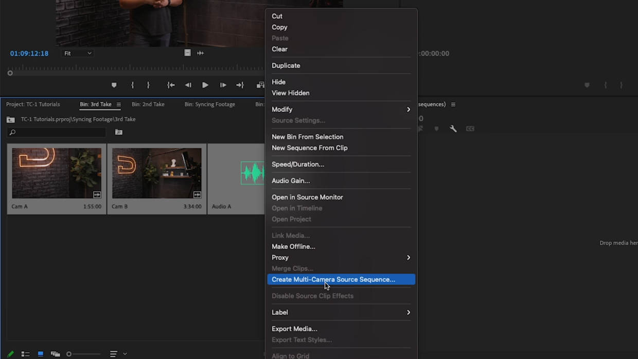 adobe premiere. Media browser. Create Multi-Camera Source Sequence