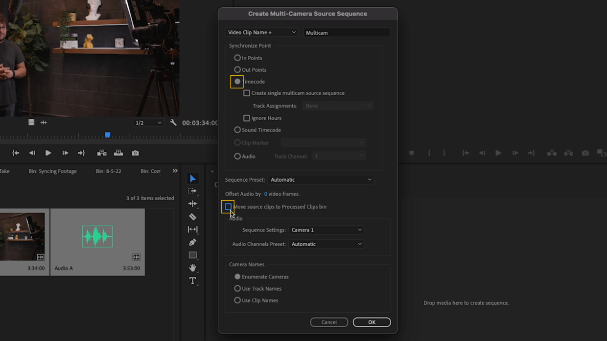 adobe premiere. Media browser Create Multi-Camera Source Sequence window