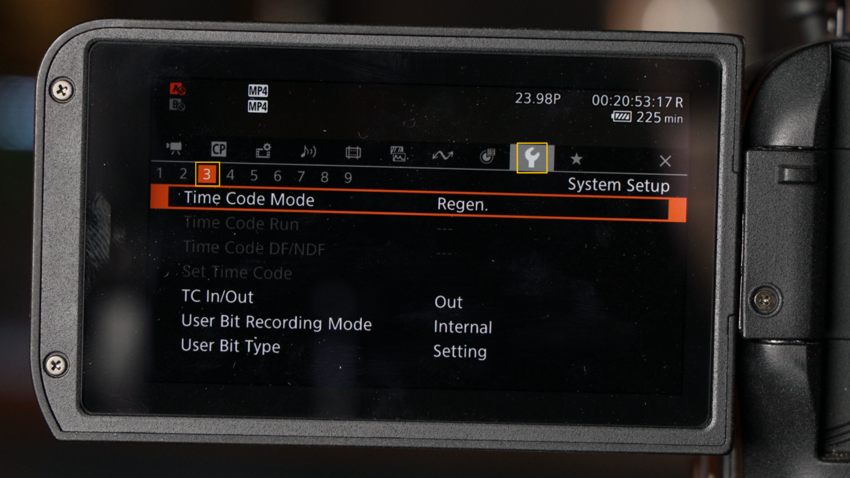 Canon C70 time code menu.