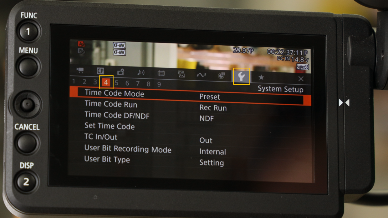Canon C300 time code menu.