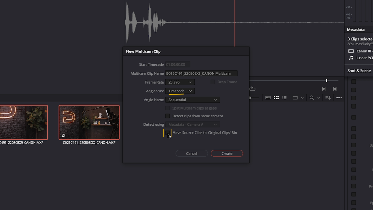 DaVinci Resolve Media tab. New Multicam Clip window