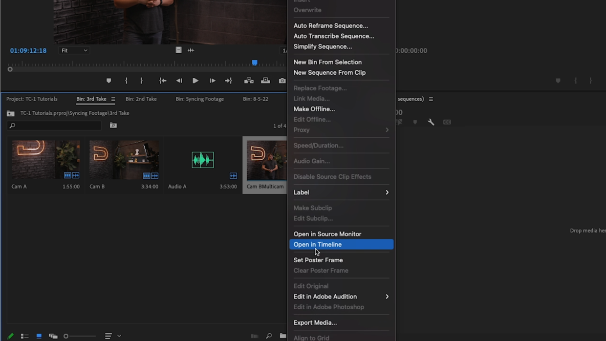 adobe premiere. Media browser "Open In Timeline"