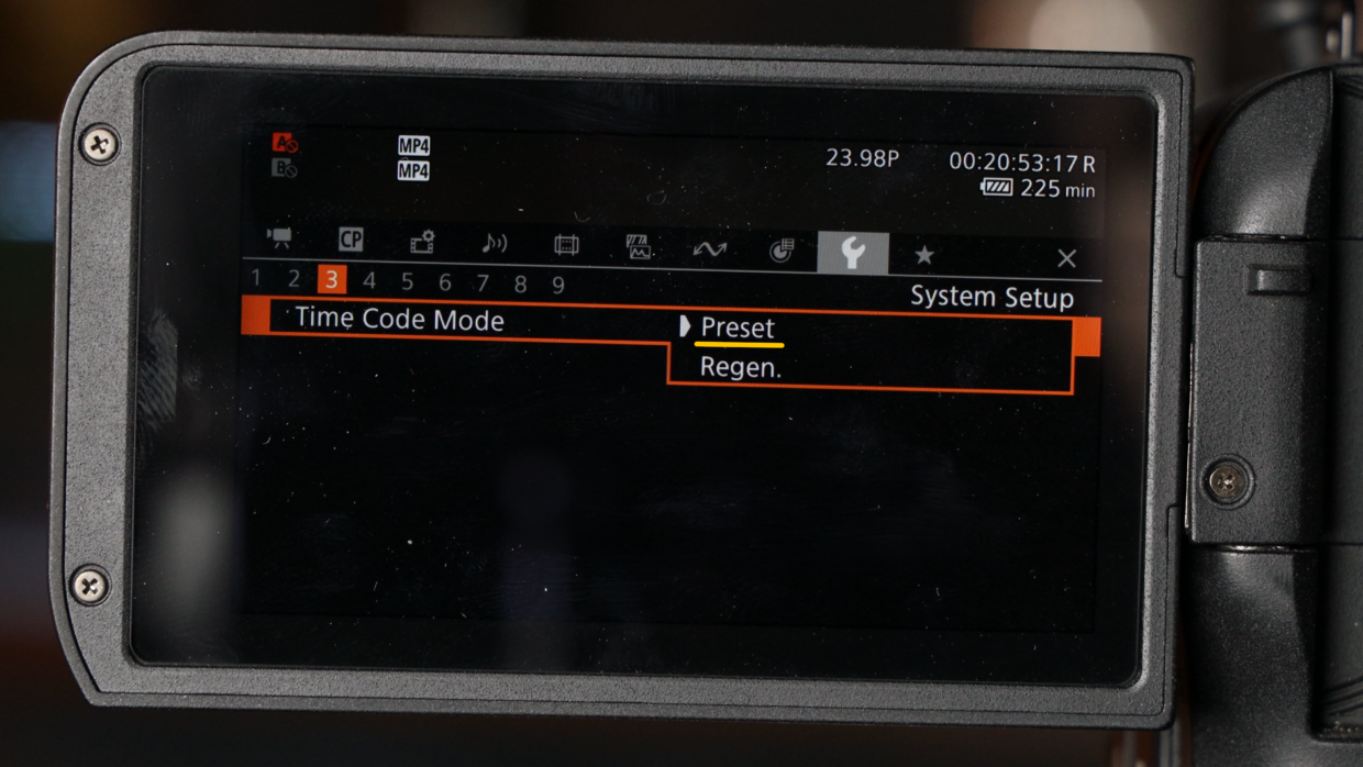 Canon C70 time code menu. Time code run