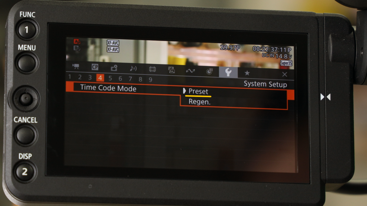 Canon C300 time code menu. Time Code Mode