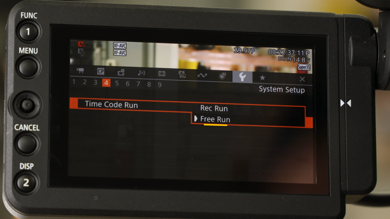 Canon C300 time code menu. Time Code Run