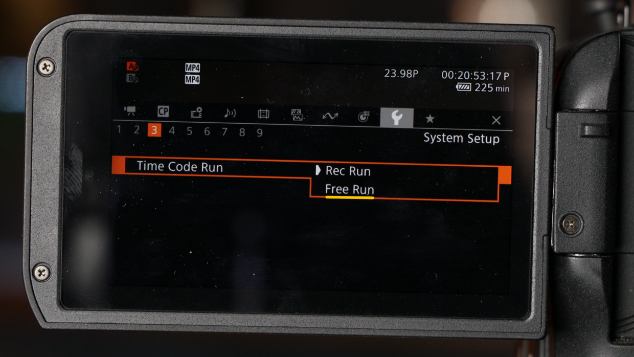 Canon C70 time code menu. Time Code Run