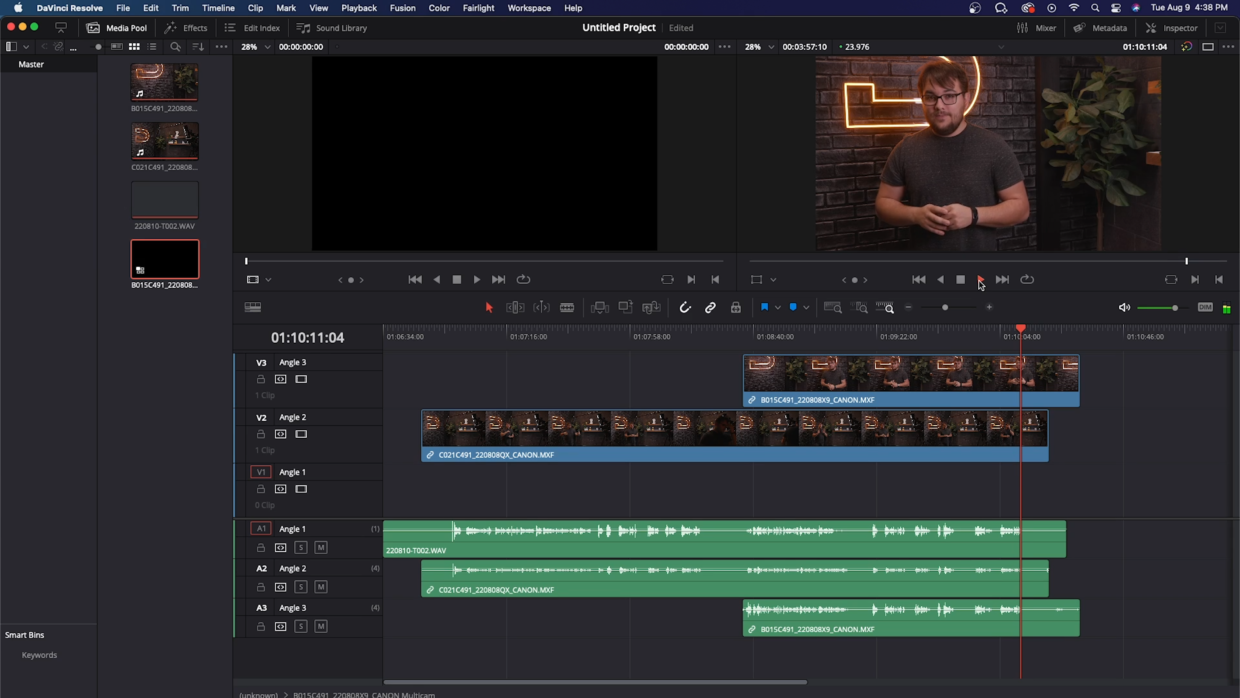 DaVinci Resolve Media tab. Edit Tab. Clips synced with timecode