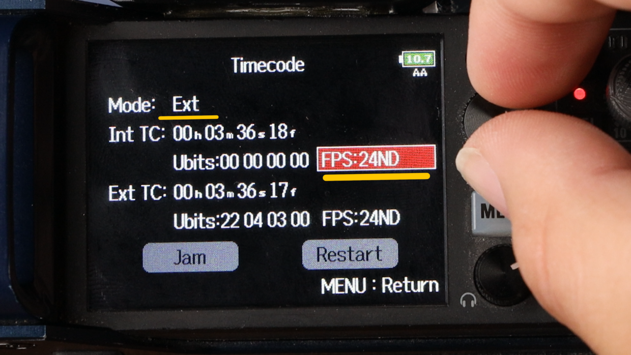 Zoom F8 sound mixer timecode menu