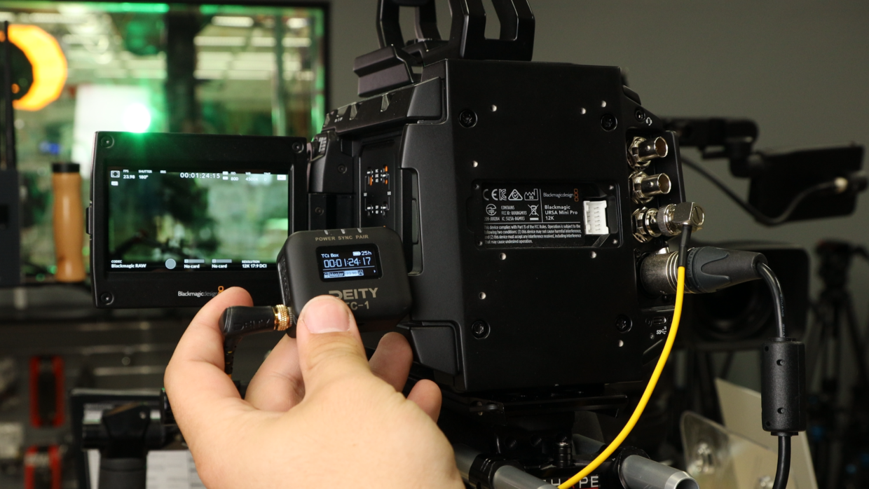 Blackmagic URSA 12K cinema camera with Deity TC-1 time code generator