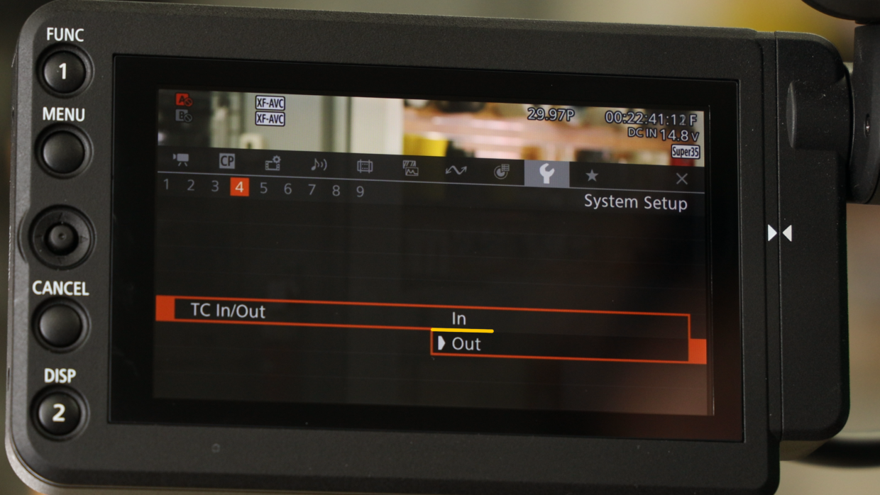 Canon C300 time code menu. TC In/Out