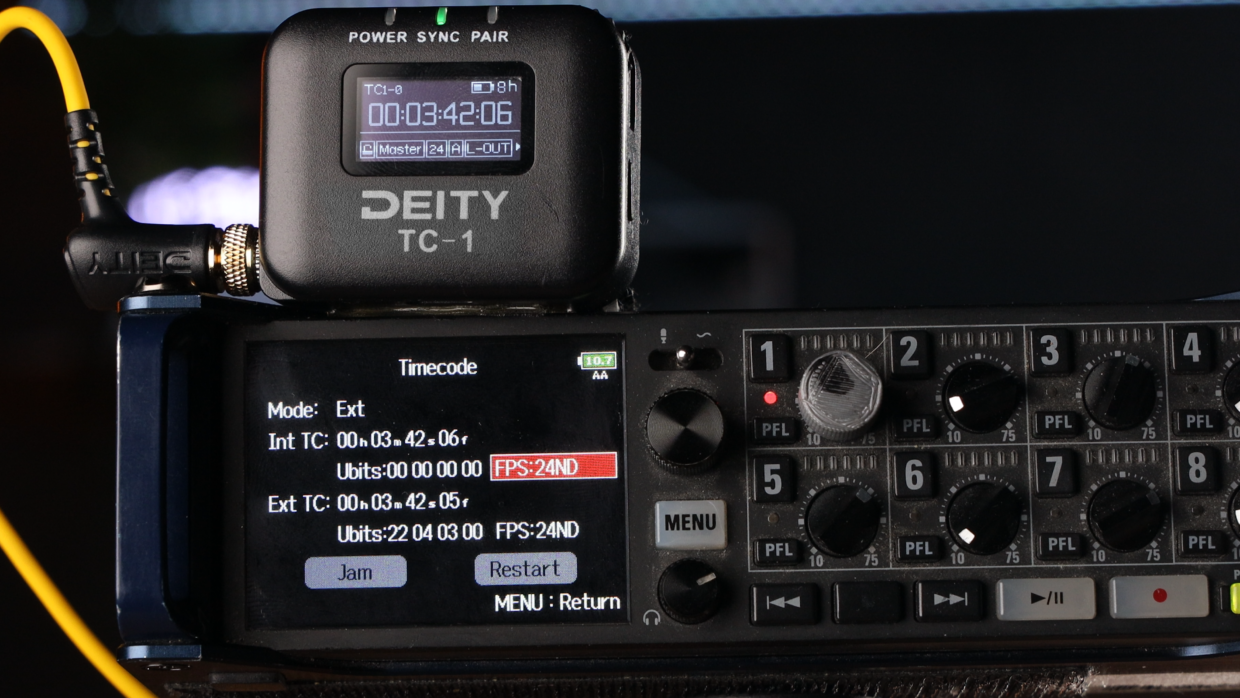 Zoom F8 sound mixer with Deity TC-1 timecode generator