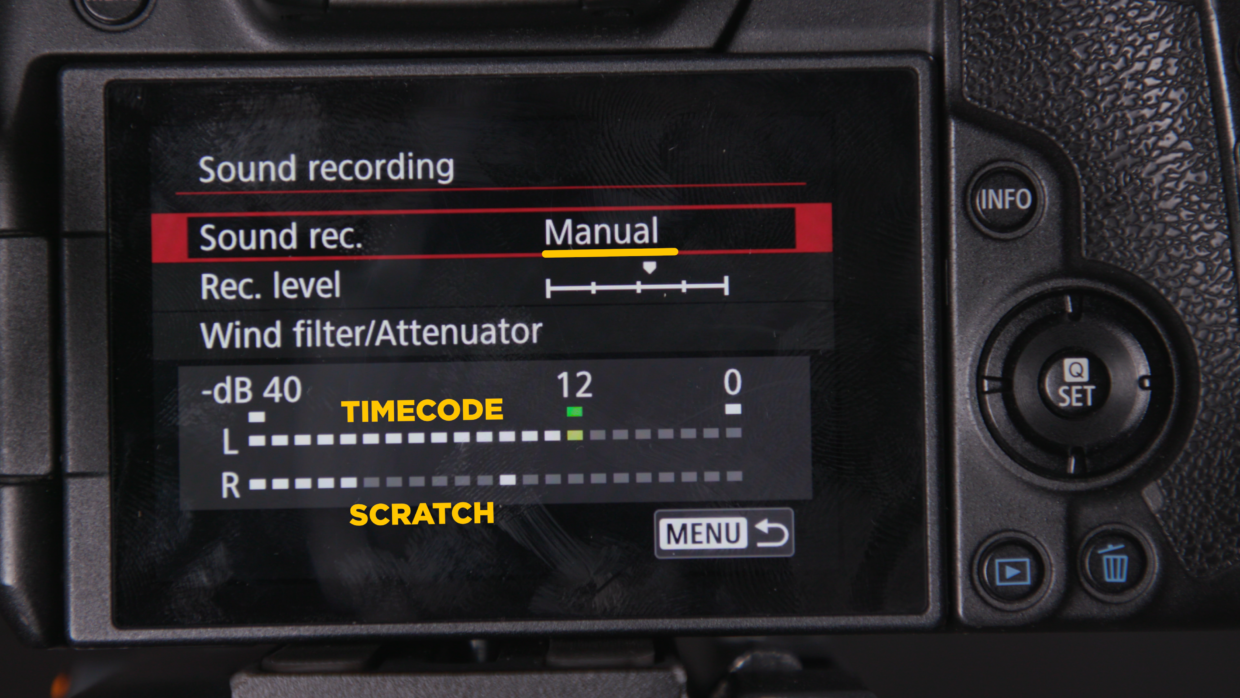 Canon EOS R mirrorless camera Sound recording menu. Timecode on left channel, scratch audio on right.