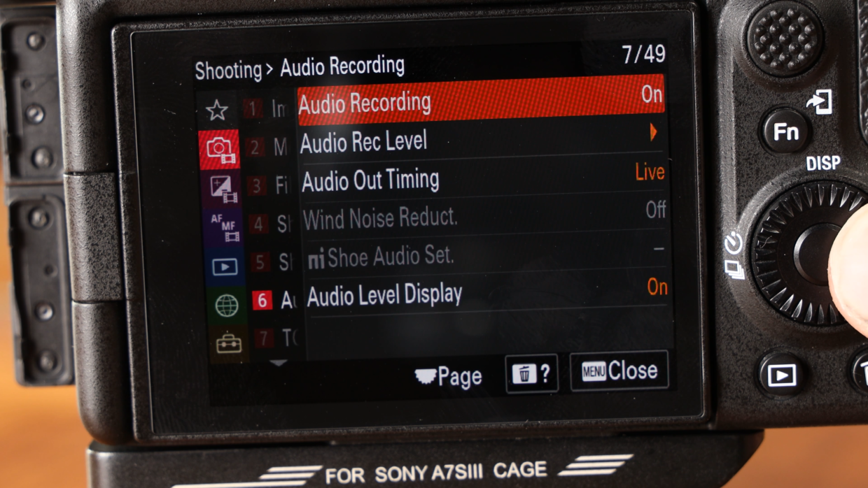 Sony A7SIII camera menu. Audio recording settings