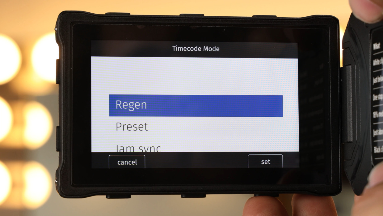 ARRI ALEXA Mini LF timecode options menu. timecode mode