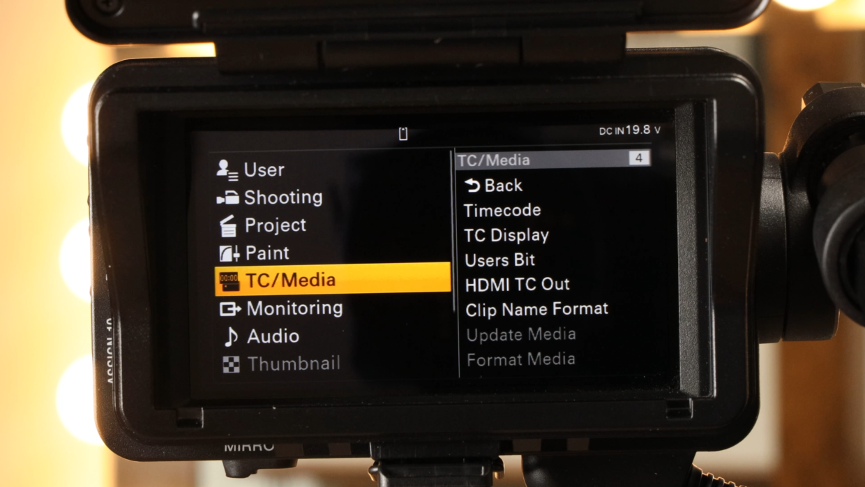 Sony FX9 camera menu TC / Media