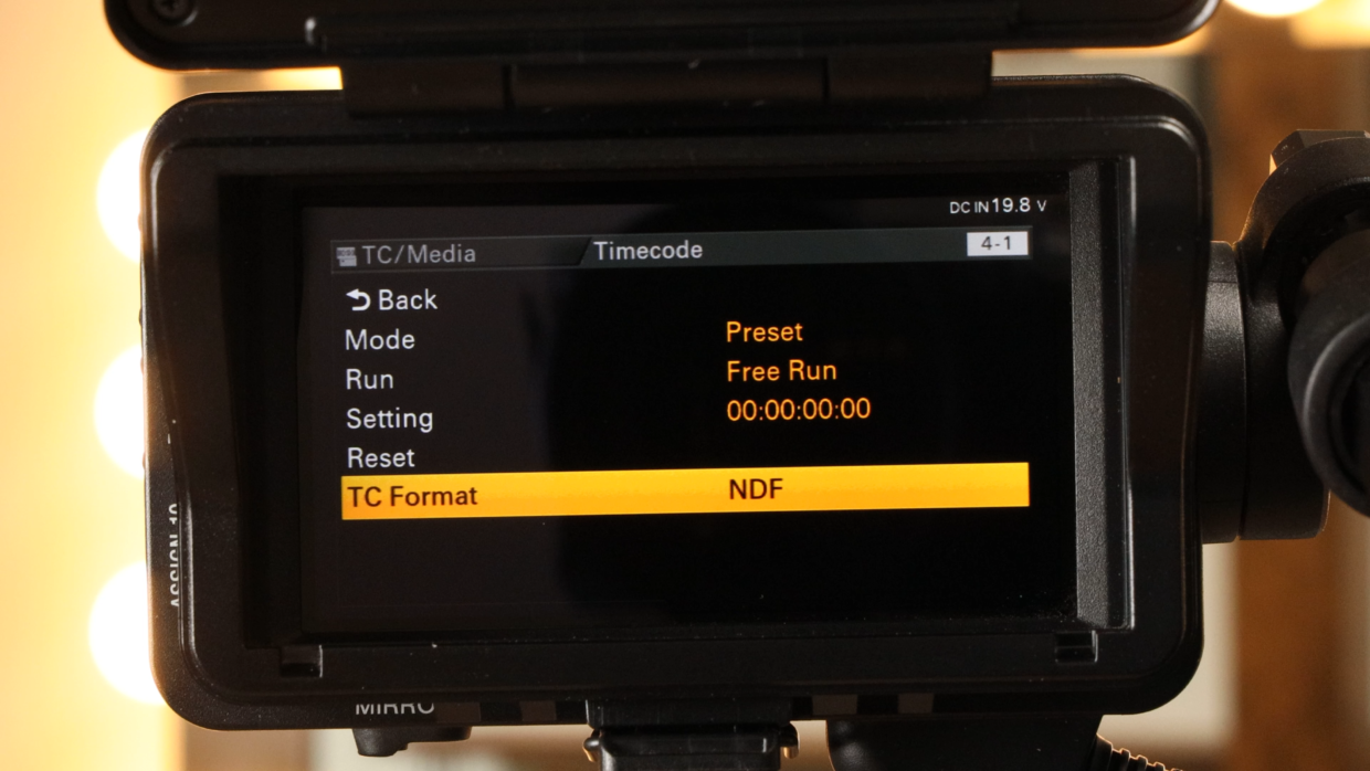 Sony FX9 camera menu. Timecode settings