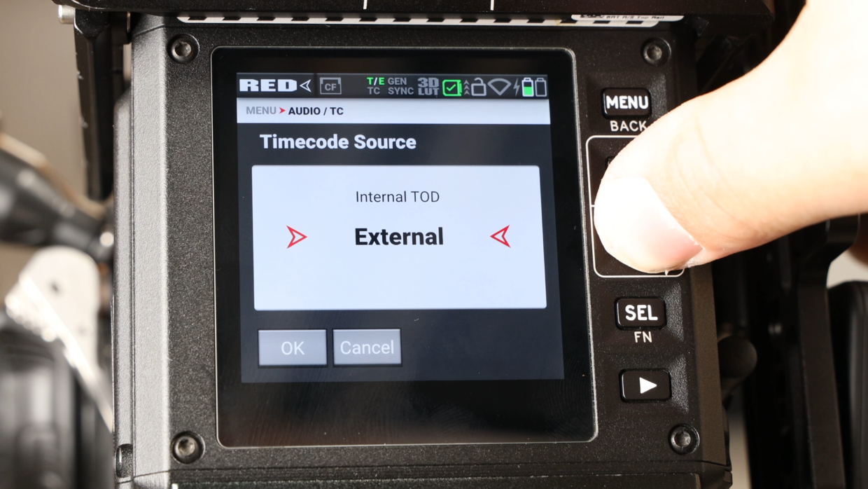 RED KOMODO 6K camera menu. Audio / TC. Timecode Source