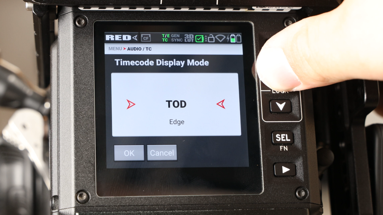 RED KOMODO 6K camera menu. Audio / TC. Timecode display mode