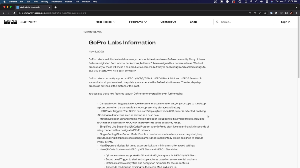 GoPro Labs software download page