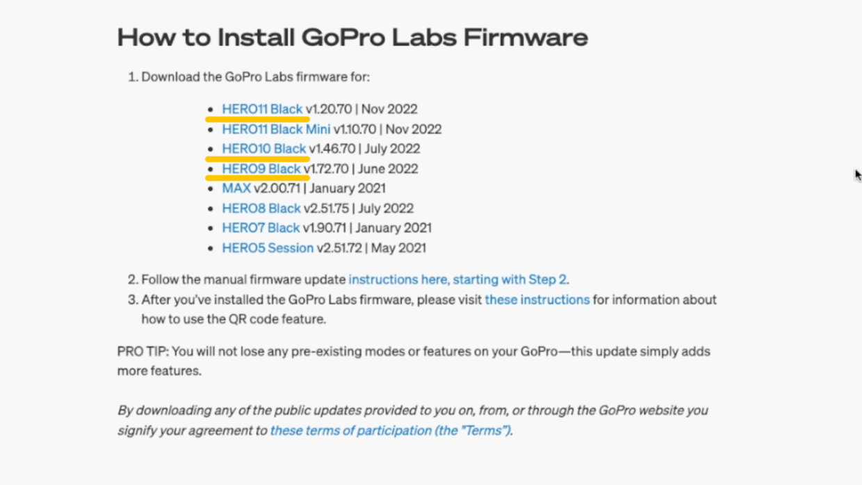 GoPro Labs software download page. GoPro firmware versions