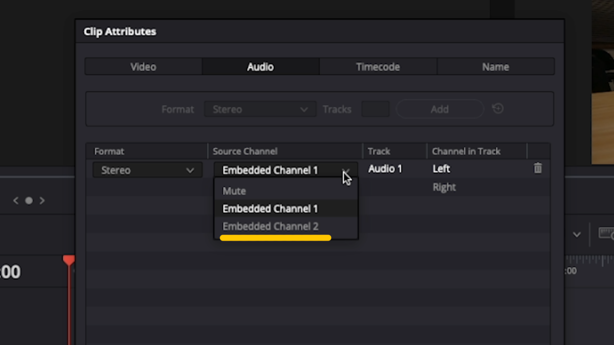 Davinci Resolve Clip Attributes window. Removing timecode buzz in right channel