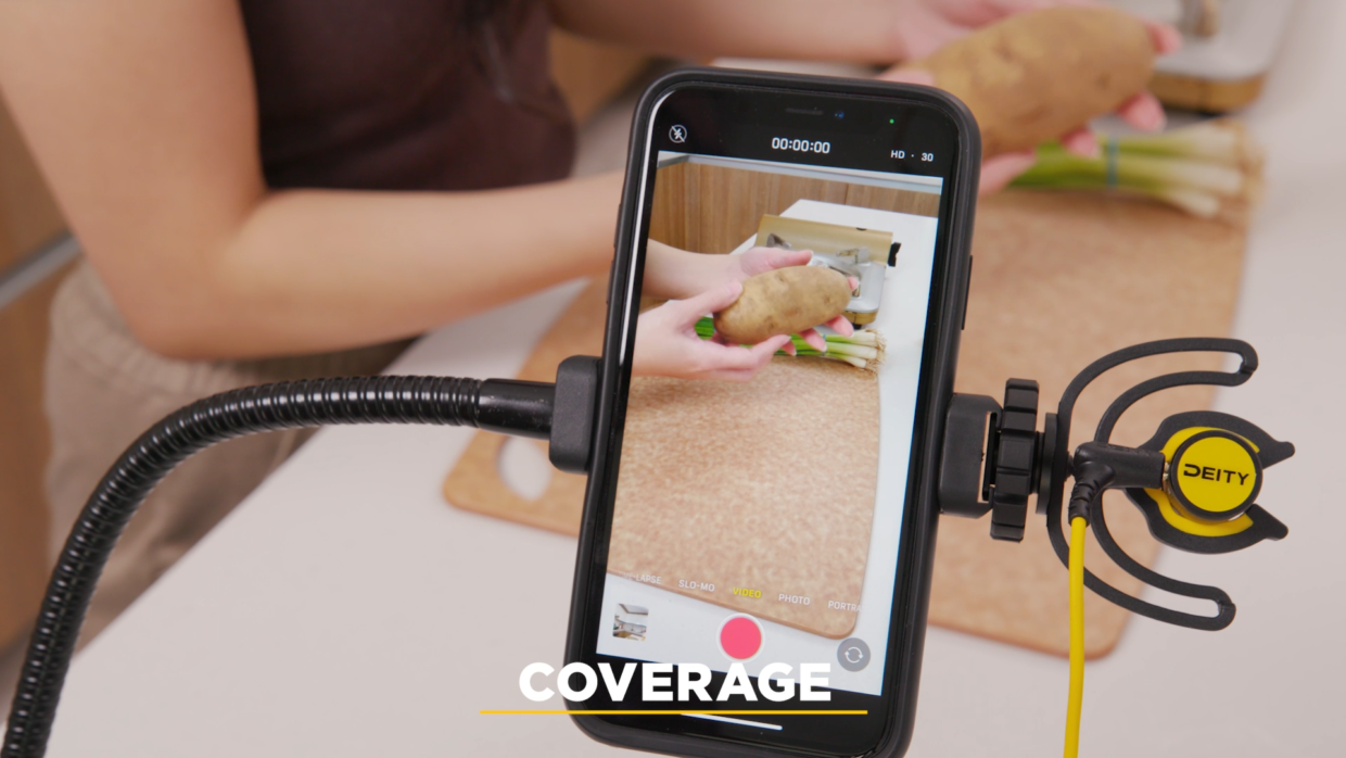 woman filming a cooking video with their iphone and Deity V-Mic D4 mini