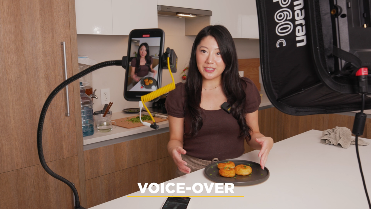 woman filming a cooking video with their iphone, Deity Pocket Wireless, and amaran P60c