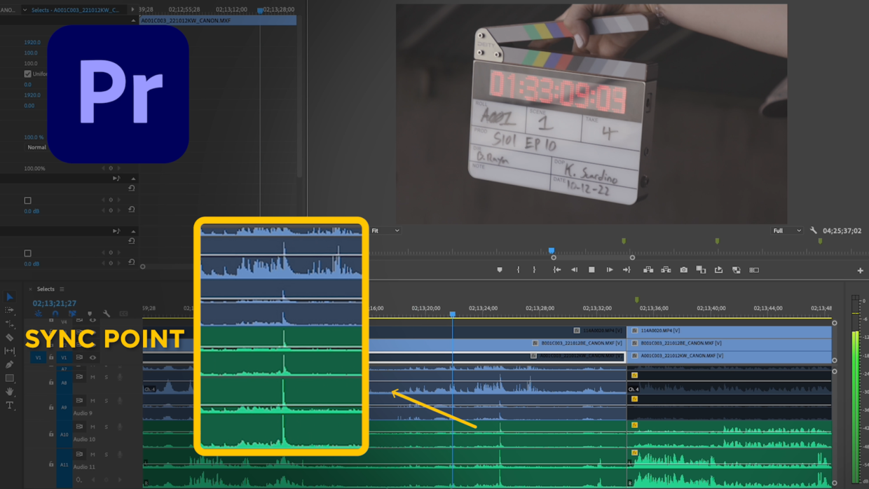 Deity TC-SL1 smart slate inside adobe premiere window showing audio and video syncing